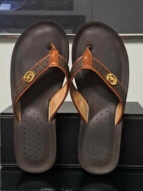 Boutique Quality Michael Kors Brown Signature Logo Engraved Gold Charm Wedges